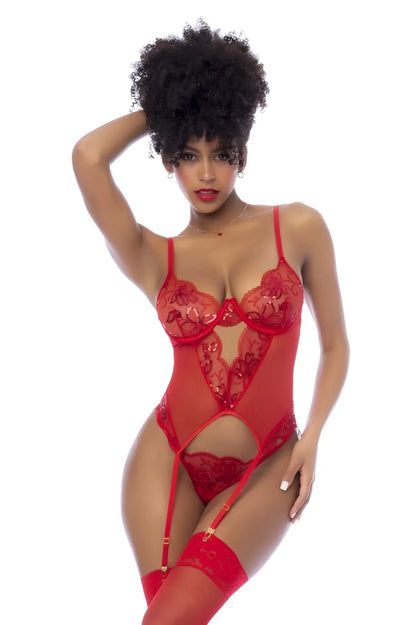 Red lace bodysuit with sheer mesh panels and matching garter straps from Mapale 8896 two piece set in red