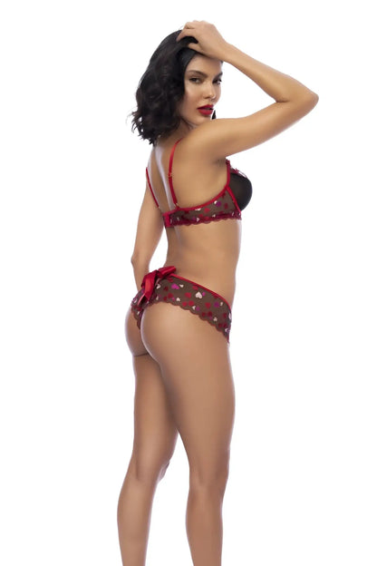 Mapale 8898 three piece set black-red lace lingerie with heart patterns in red and black colors for intimate wear