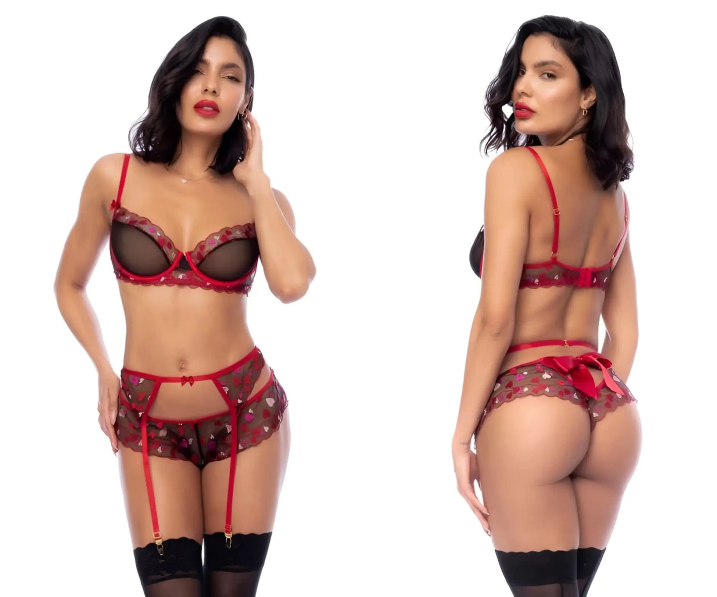 Mapale 8898 red and black lace lingerie set with heart motifs three piece set for intimate wear