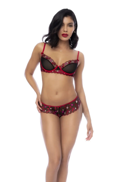 Red and black lace lingerie set with scalloped edges from mapale 8898 three piece set color black red
