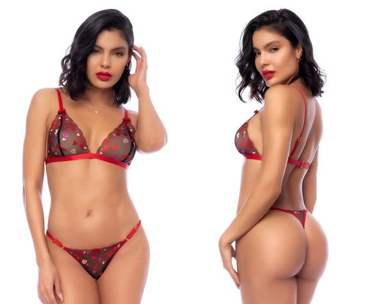 Red and black lace lingerie two piece set with heart patterns by Mapale 8899 showcasing delicate mesh details