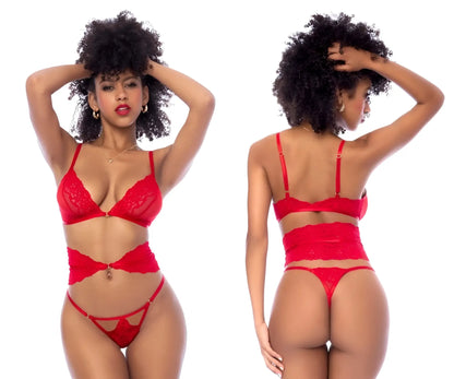 Red lace lingerie set with thin straps and central clasp at the waist from mapale 8904 three piece set color red