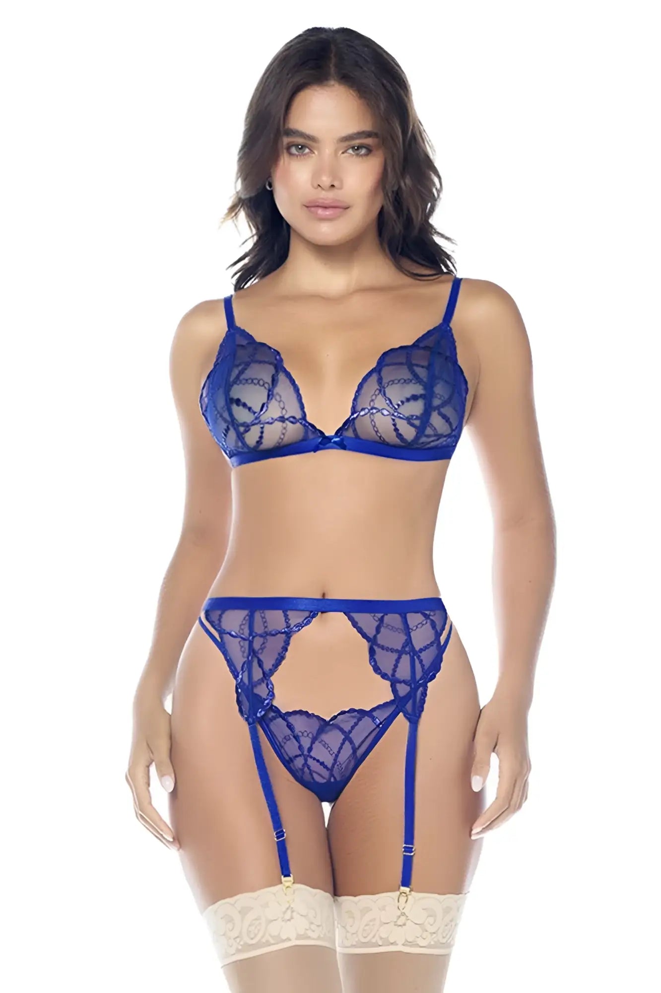 Mapale 8944 sapphire blue three piece lingerie set with intricate geometric lace and matching garter straps