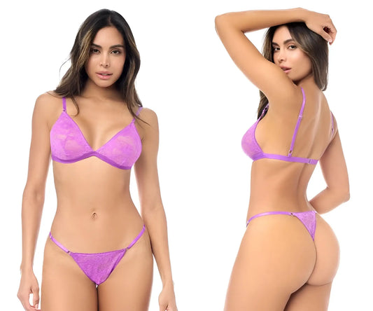 Purple lace lingerie set mapale 8949 two piece set in wild orchid with triangle bra and thong featuring floral patterns