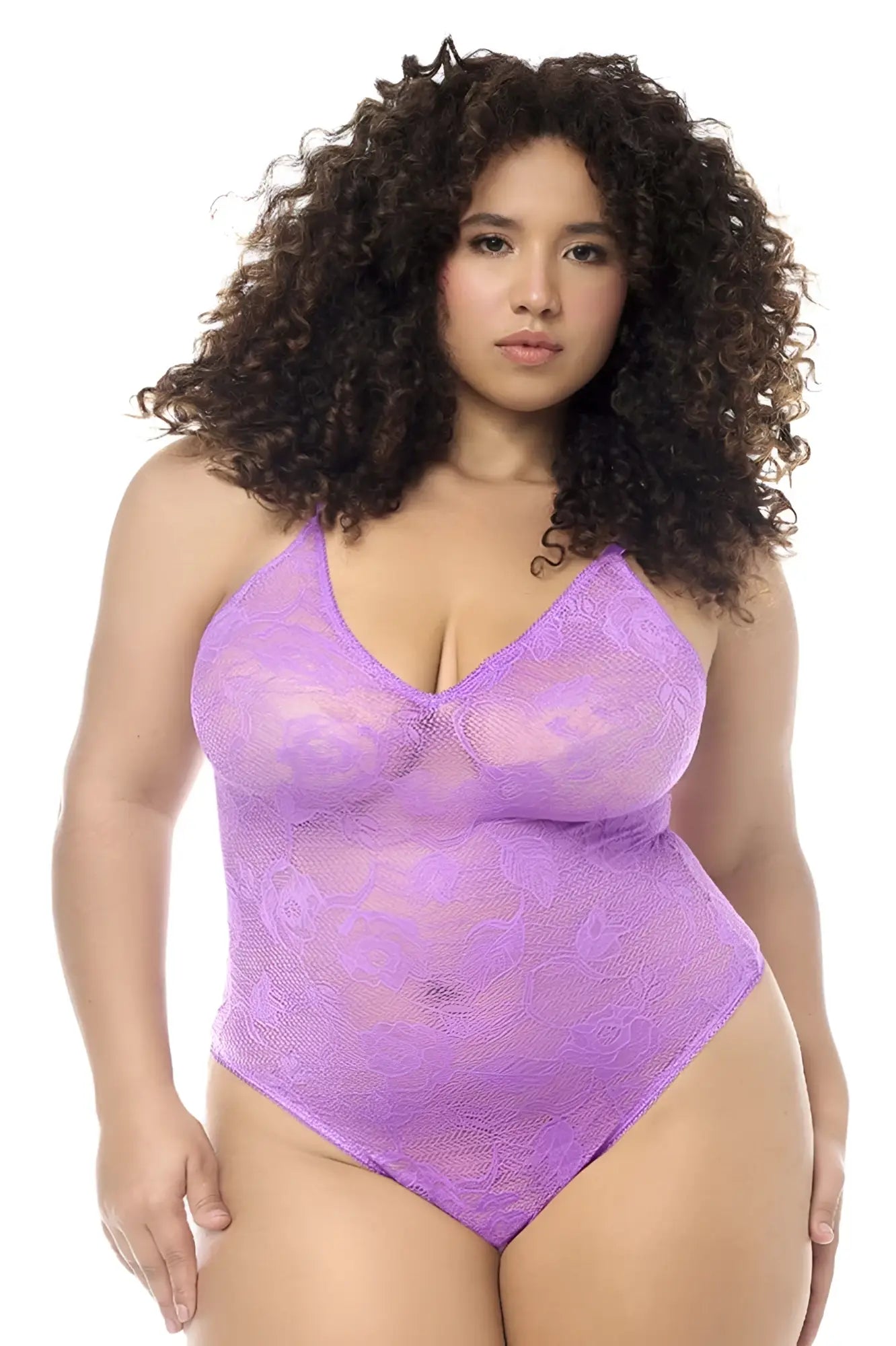 Mapale 8950X bodysuit in wild orchid lavender lace with v-neckline and delicate floral pattern