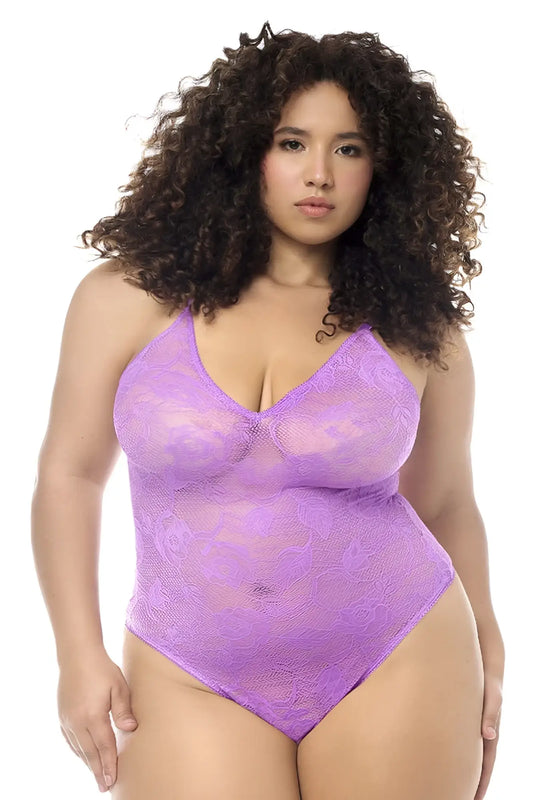 Mapale 8950X bodysuit in wild orchid lavender lace with v-neckline and delicate floral pattern