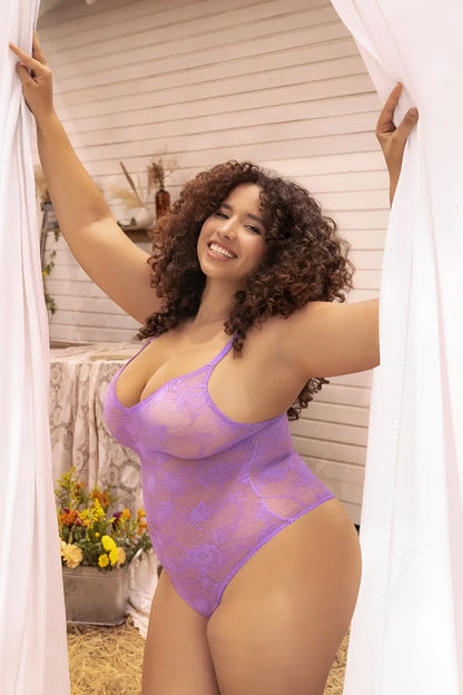 Purple lace bodysuit mapale 8950x in wild orchid with sheer patterned design for elegant lingerie look