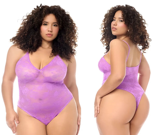 Mapale 8950x bodysuit in wild orchid purple lace with thin straps and v-neckline for elegant lingerie look