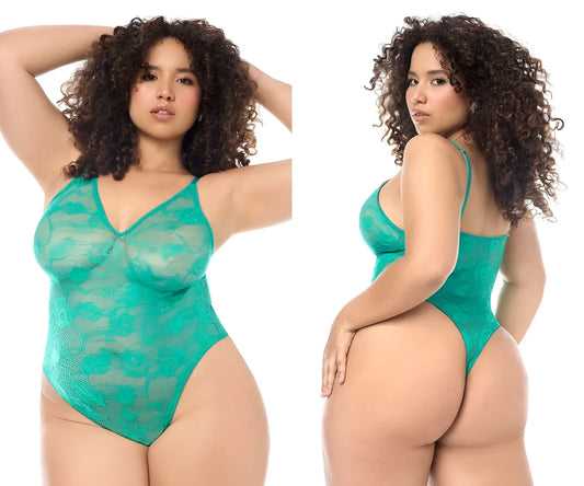 Emerald green lace bodysuit with delicate floral patterns and thin spaghetti straps by mapale 8950x wild teal