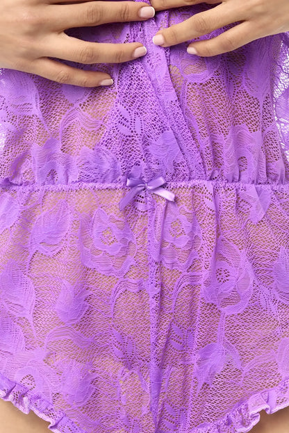 Mapale 8951 romper-babydoll wild orchid delicate lavender lace bodysuit with intricate floral patterns and satin waist bow