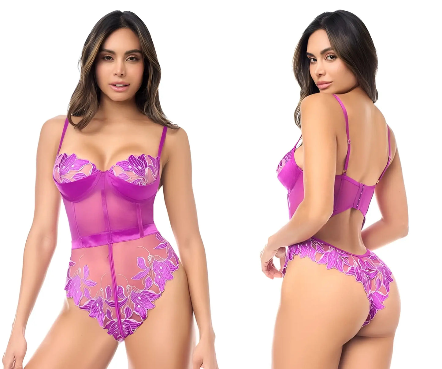Vibrant purple lace teddy with sheer mesh panels and floral embroidery by mapale 8953 color azalea