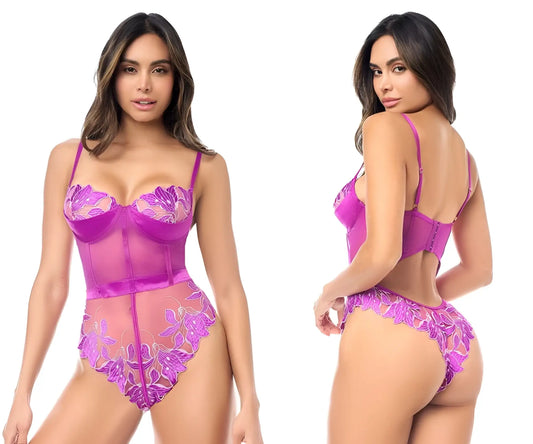 Vibrant purple lace teddy with sheer mesh panels and floral embroidery by mapale 8953 color azalea