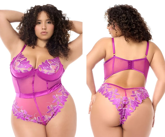 Mapale 8953x teddy azalea is a purple and pink sheer lace bodysuit with floral embroidery for intimate wear