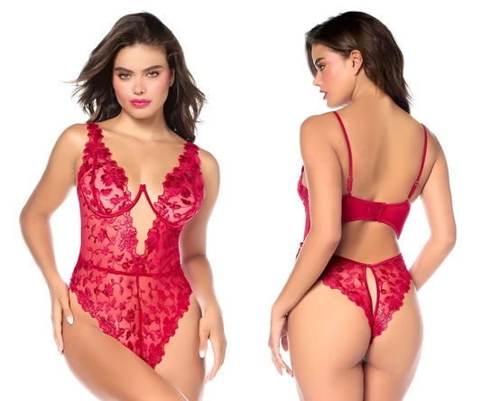 Red lace bodysuit with floral embroidery and thin straps from mapale 8963 teddy in red color