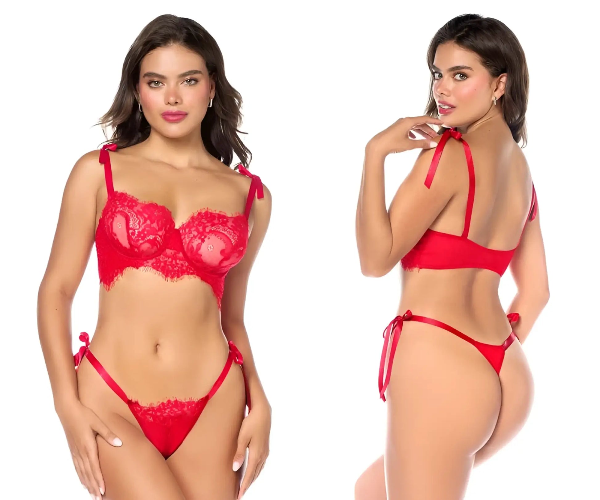 Red lace bra and matching thong set with satin ties in red by mapale 8968 featuring delicate lace and adjustable satin straps