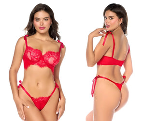 Red lace bra and matching thong set with satin ties in red by mapale 8968 featuring delicate lace and adjustable satin straps