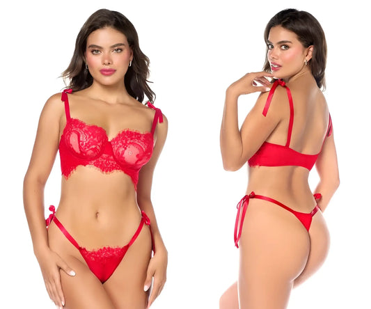 Red lace bra and matching thong set with satin ties in red by mapale 8968 featuring delicate lace and adjustable satin straps