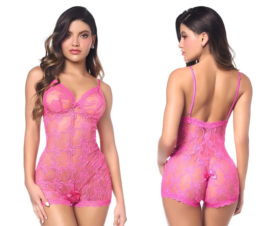 Fuchsia lace bodysuit with floral pattern and thin straps from mapale 8972 romper-babydoll in pink color
