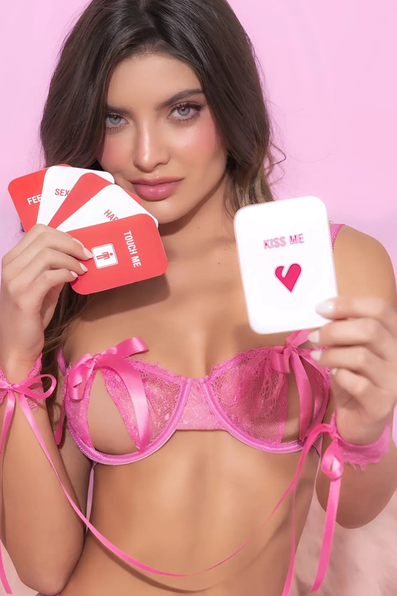 Pink lace bra with satin ribbon ties from mapale 8974 four piece set in pink lace material