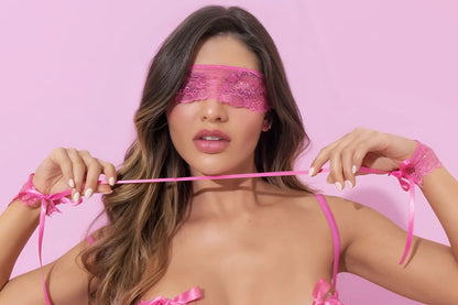 Pink lace eye mask with matching ribbon ties from mapale 8974 four piece set for sleep or relaxation
