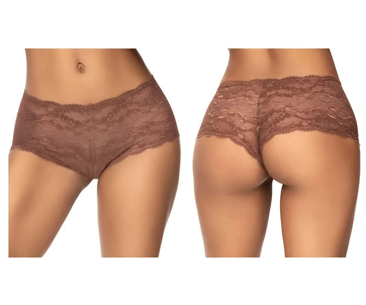 Brown lace boyshort underwear with delicate floral pattern and scalloped edges in cocoa color by mapale 90 lace
