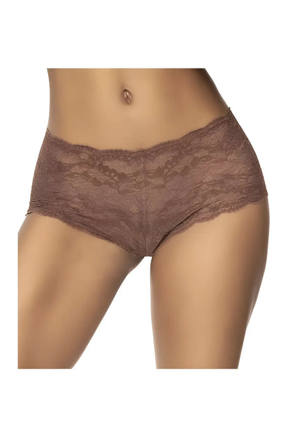 Brown lace boyshort underwear with delicate intricate pattern in cocoa color by mapale 90 lace
