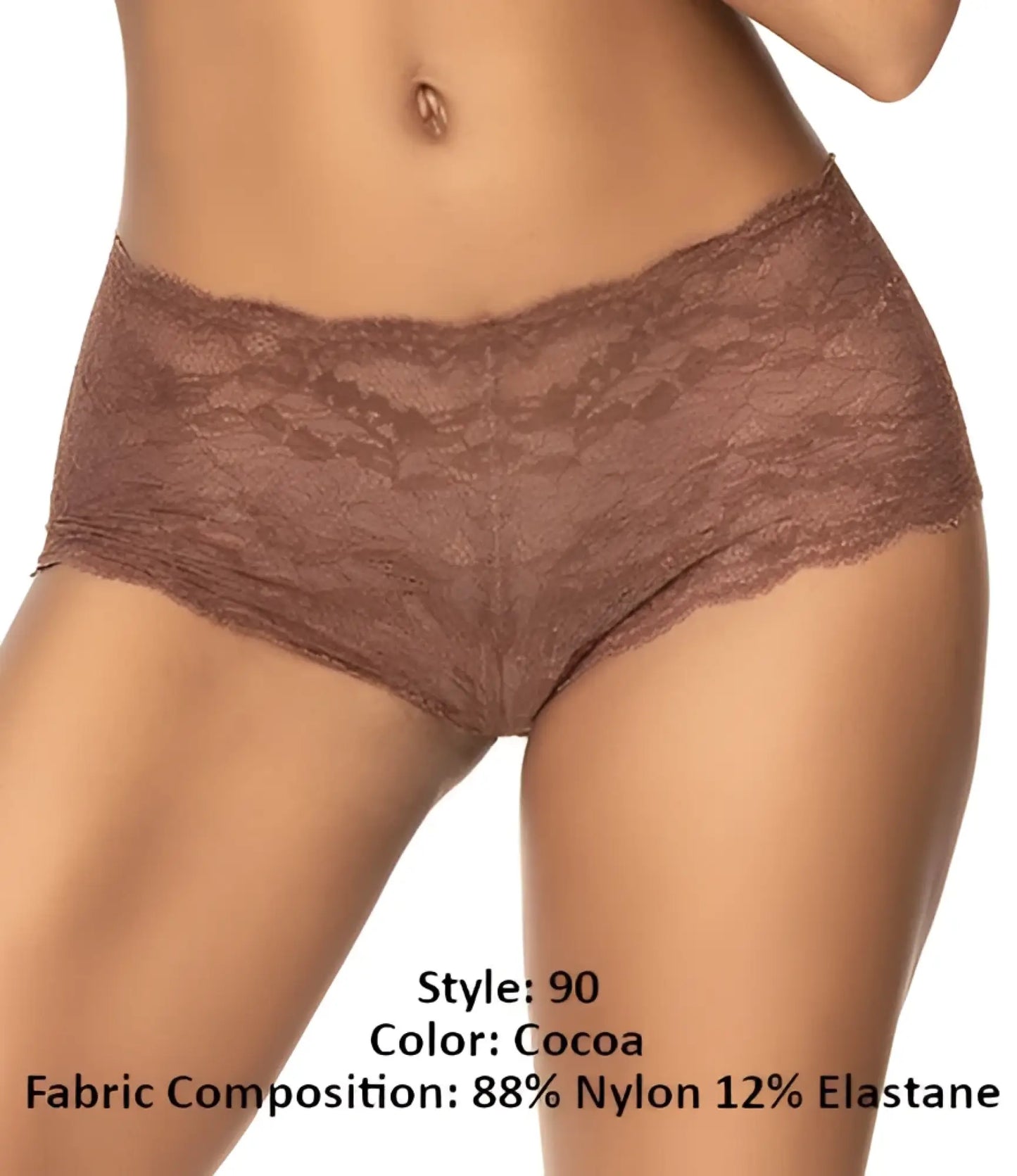 Cocoa lace boyshort briefs by mapale made of 88% nylon and 12% elastane with delicate lace detailing
