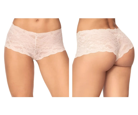 Delicate blush lace high-waisted Mapale 90 lace boyshort underwear in ivory with scalloped edge and front zipper