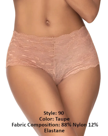 Taupe Mapale 90 lace boyshort high-waisted underwear with delicate floral pattern and stretchy fabric
