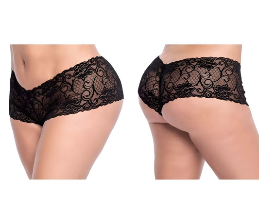 Black lace boyshort underwear with intricate floral and scrollwork patterns by mapale 90x in black