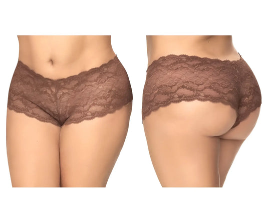 Brown lace boyshort underwear with delicate floral pattern in cocoa color by mapale 90x lace boyshort