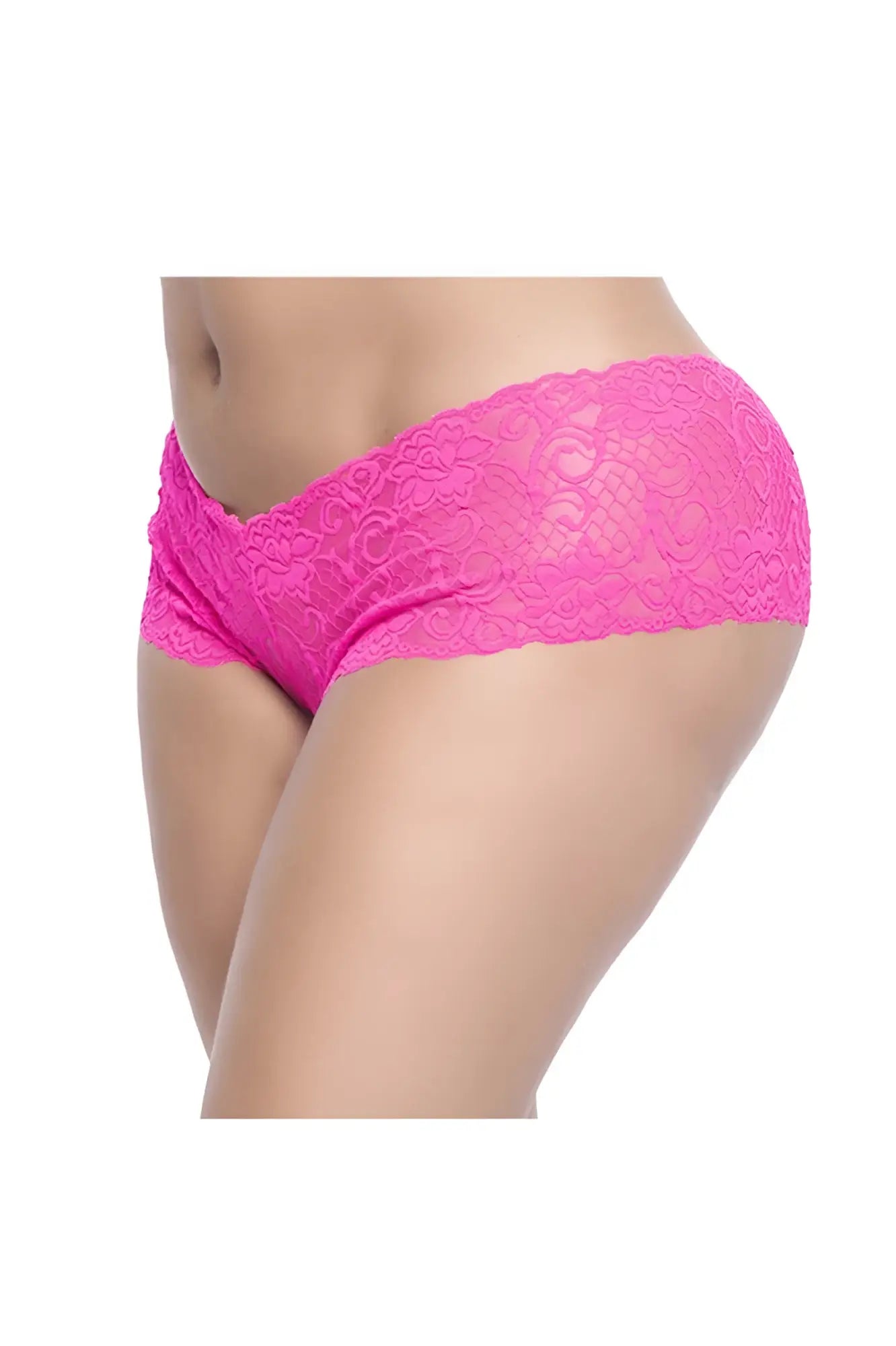 Bright pink lace-trimmed women’s boyshort underwear made of lace by Mapale model 90X in hot pink color