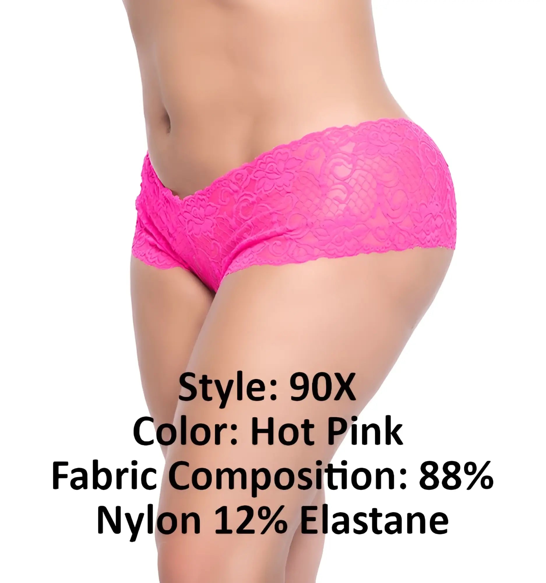 Mapale 90X lace boyshort in hot pink featuring delicate floral lace and an elastic waistband visible from the back side