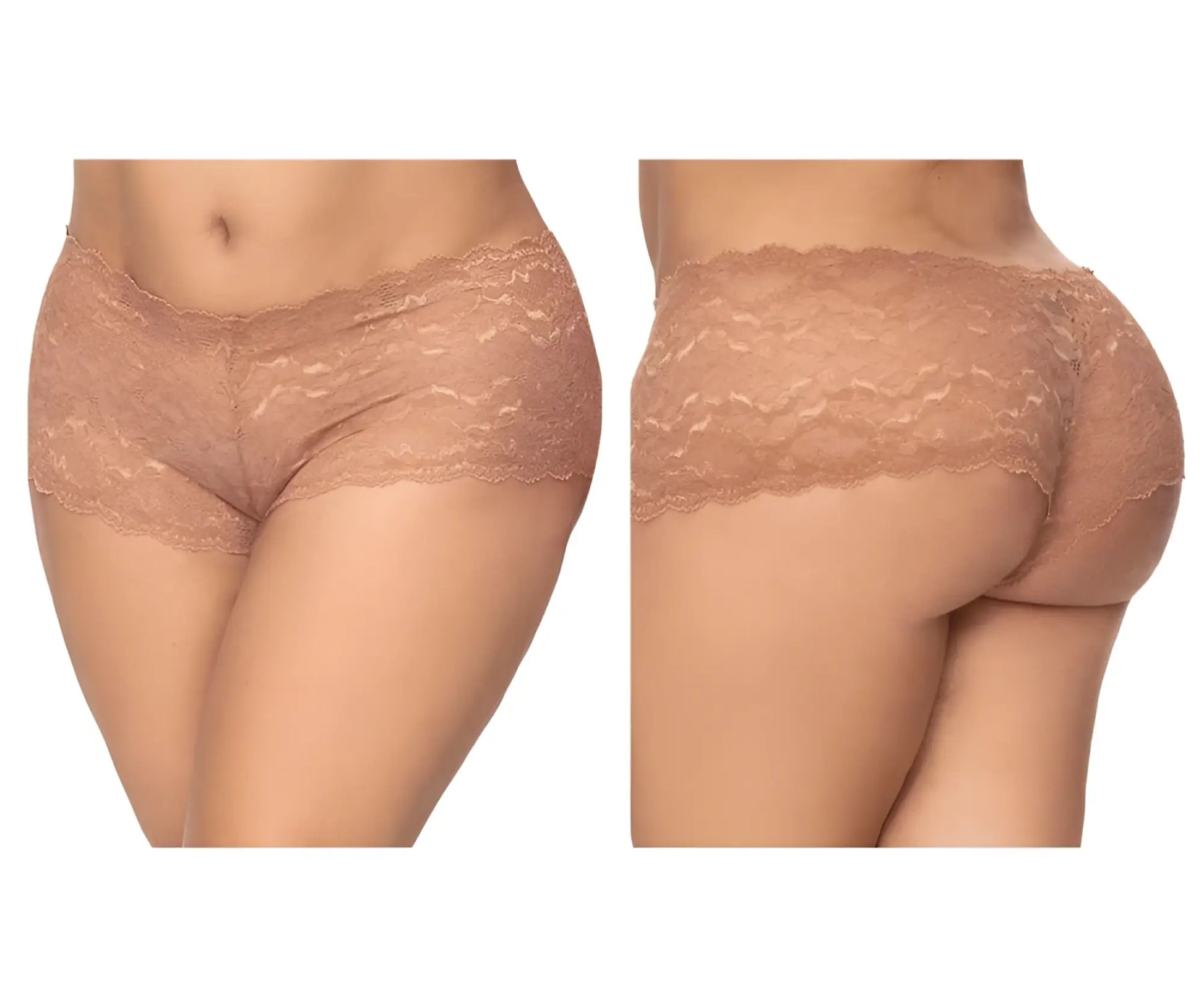 Mapale 90X lace boyshort underwear in taupe with scalloped edge and delicate floral lace pattern