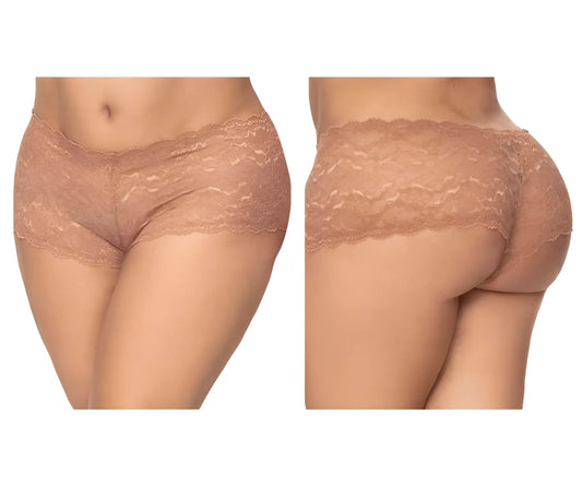 Mapale 90X lace boyshort underwear in taupe with scalloped edge and delicate floral lace pattern