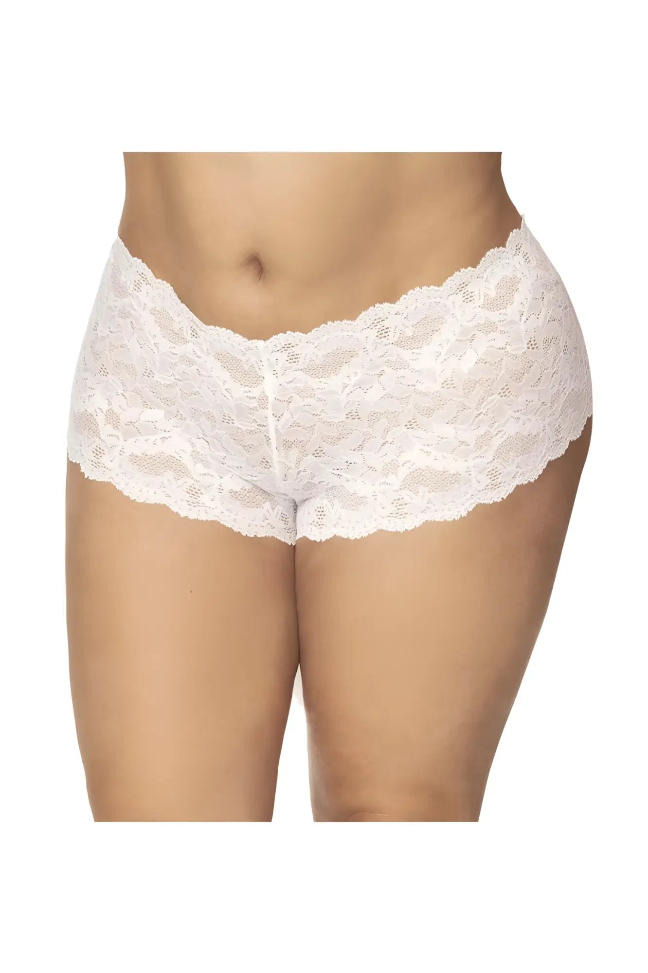 White lace boyshort underwear with scalloped edge and floral pattern by Mapale 90X in white color