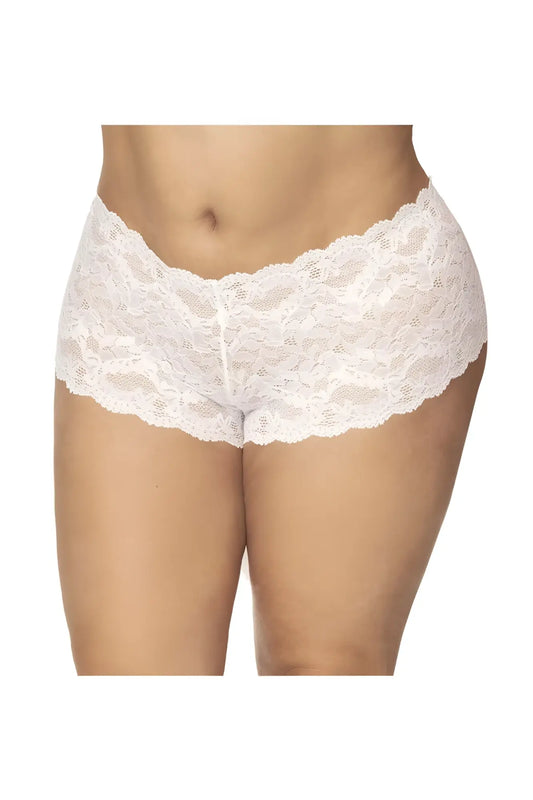 White lace boyshort underwear with scalloped edge and floral pattern by Mapale 90X in white color