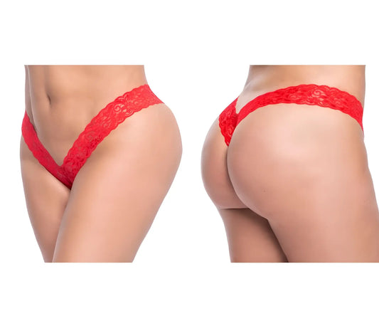 Red lace thong with delicate intricate pattern from mapale 93x lace boyshort collection in red