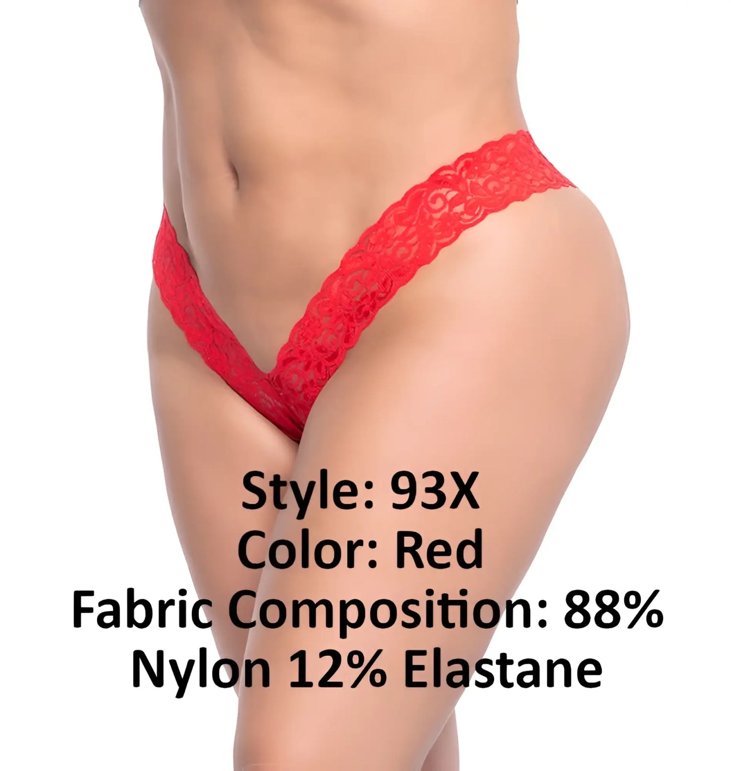 Red lace thong with v-shaped design in red made from 88 nylon and 12 elastane by mapale 93x lace boyshort