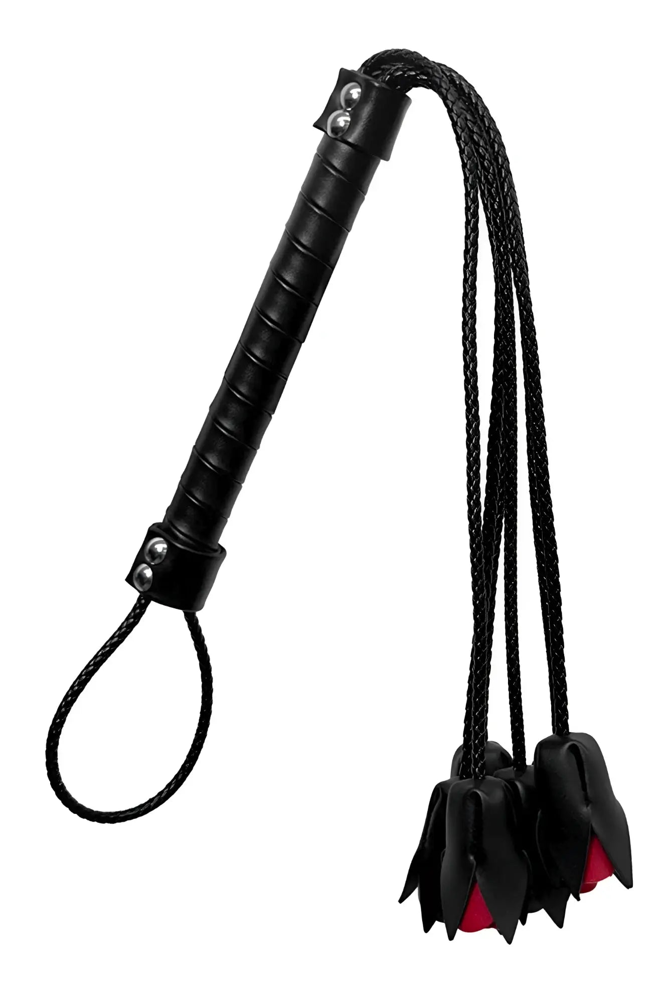 Mapale 997 rose whip black leather flogger with braided cords and red tipped ends for intimate use