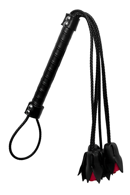 Mapale 997 rose whip black leather flogger with braided cords and red tipped ends for intimate use