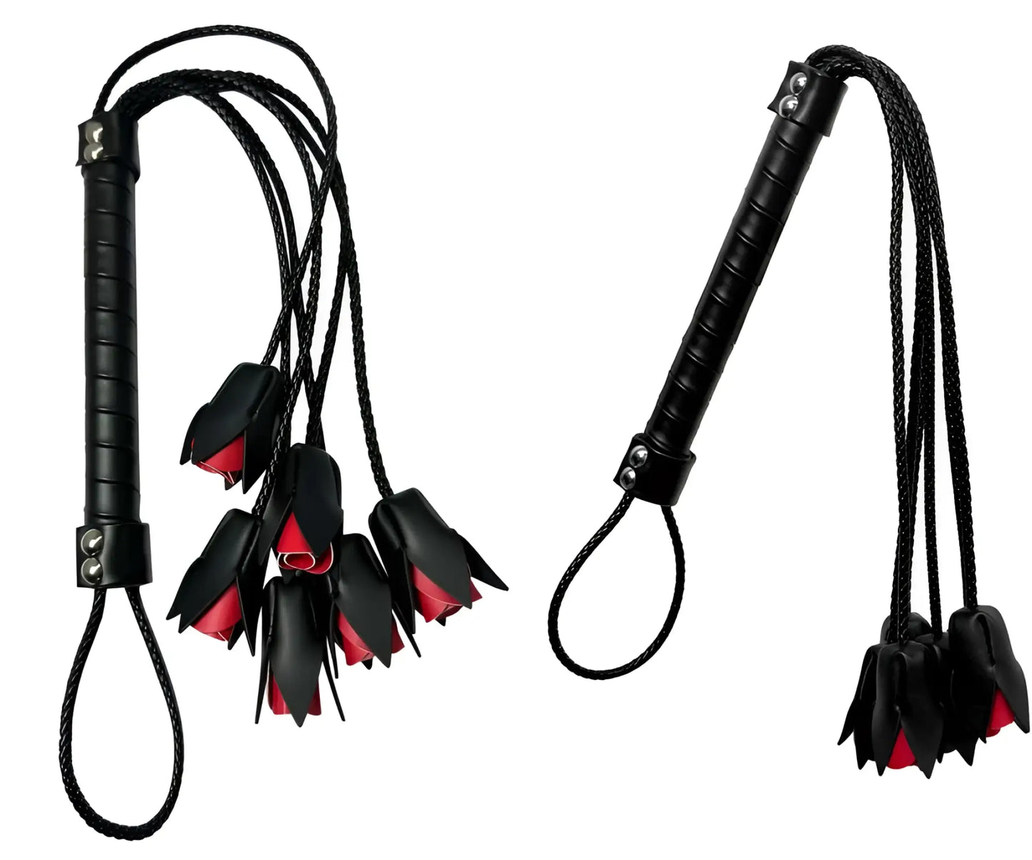Mapale 997 rose whip black leather flogger with rose-shaped design red inner lining and braided black cord