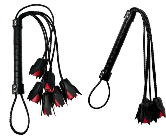 Mapale 997 rose whip black leather flogger with rose-shaped design red inner lining and braided black cord