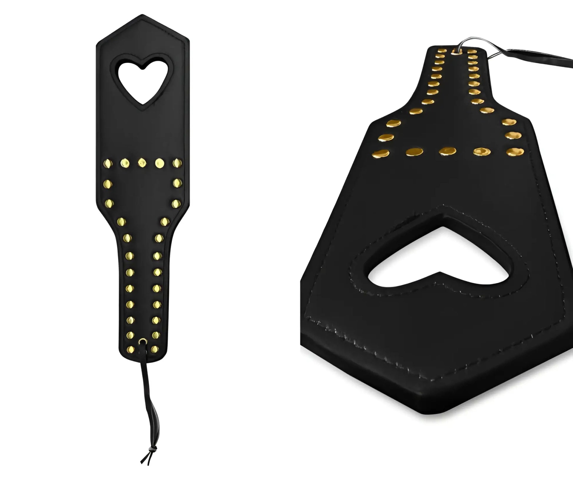 Black leather paddle with gold studs and heart-shaped cutout for spanking by mapale 998 in black
