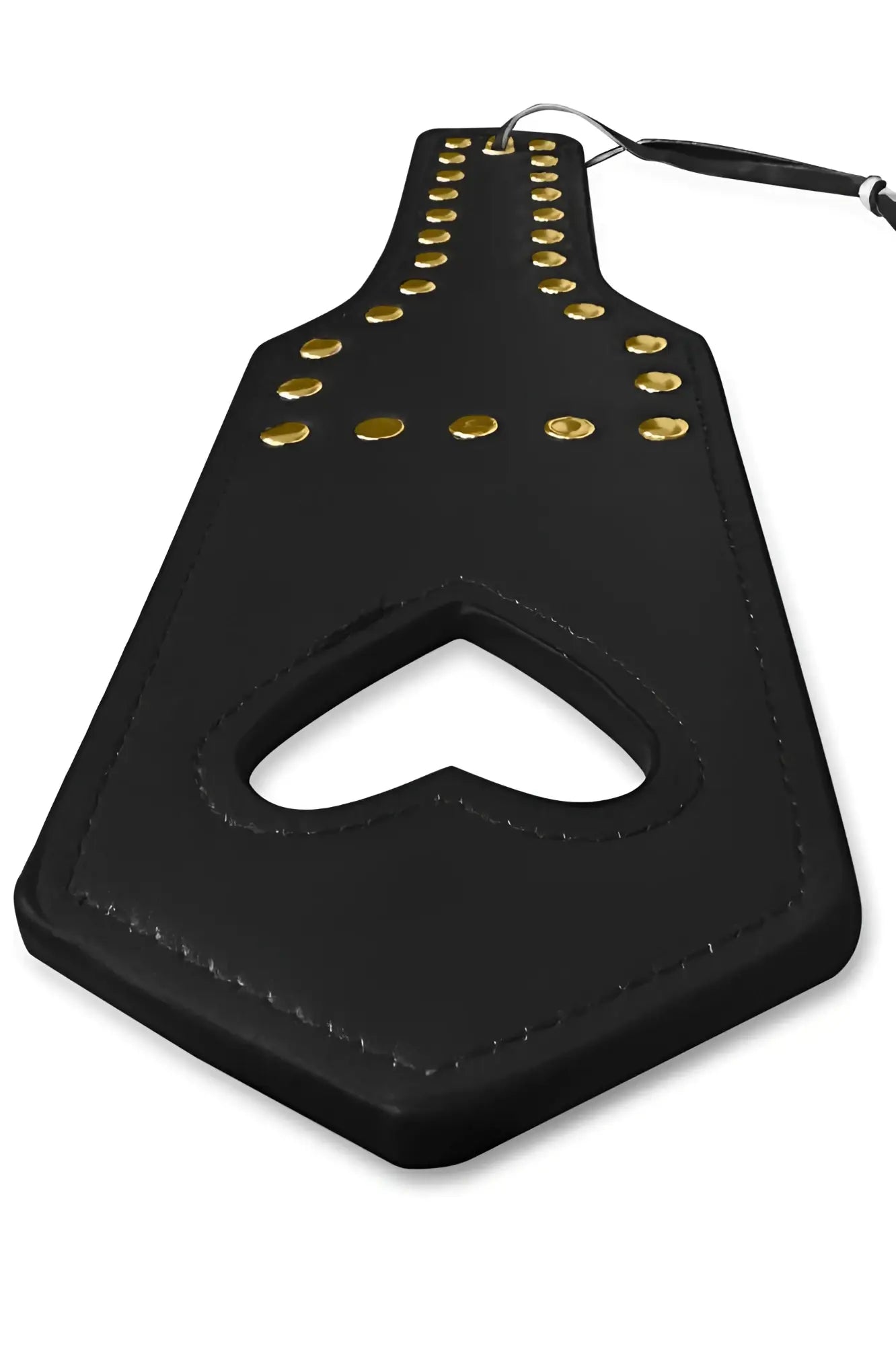 Black leather paddle with gold studs and heart-shaped cutout for spanking by Mapale 998 Spanker color black