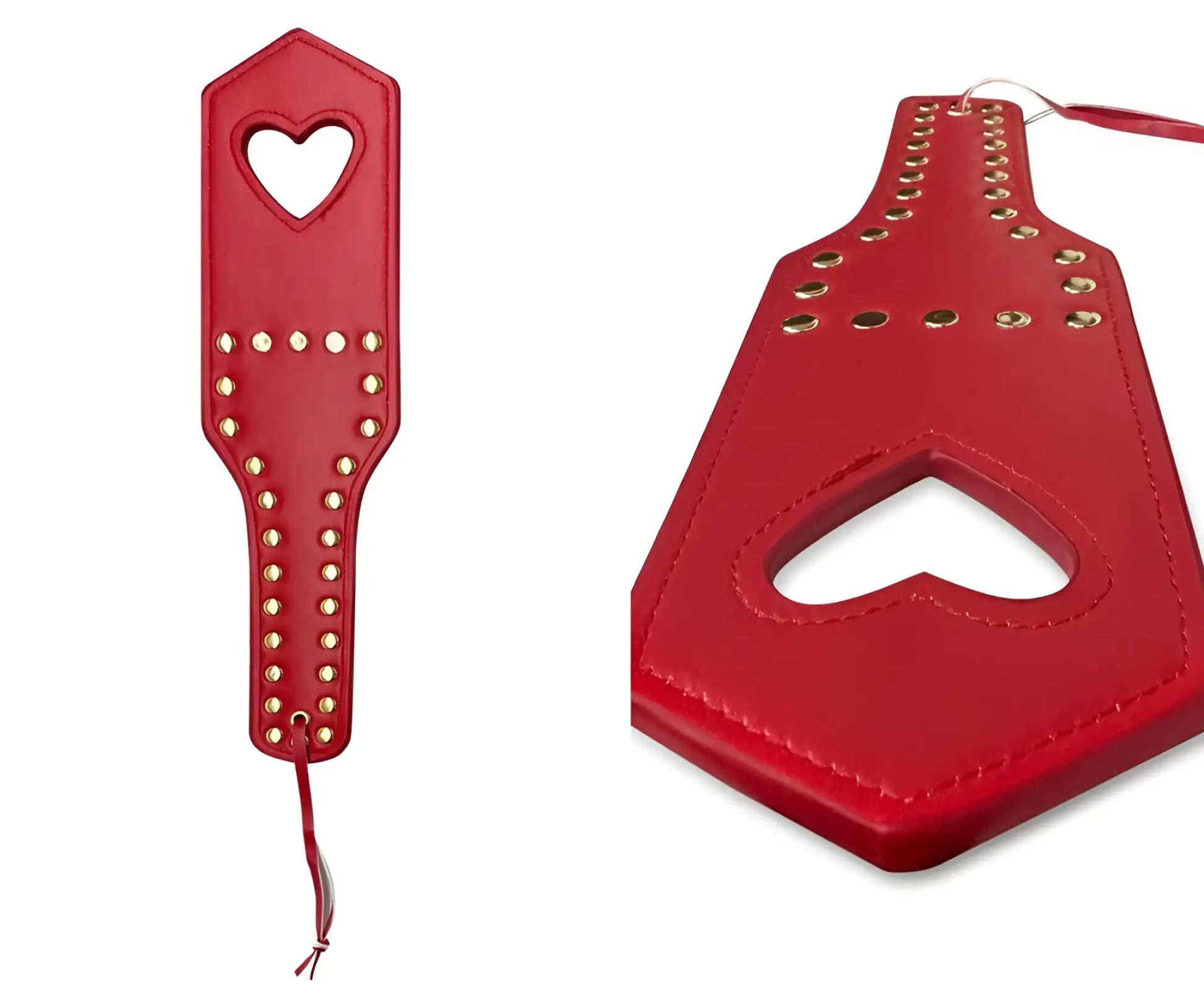 Red leather paddle with gold-tone studs and heart-shaped cutout from mapale 998 spanker collection