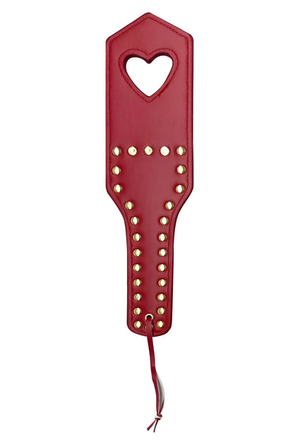 Red leather paddle with heart-shaped cutout and gold-colored studs from mapale 998 spanker in red