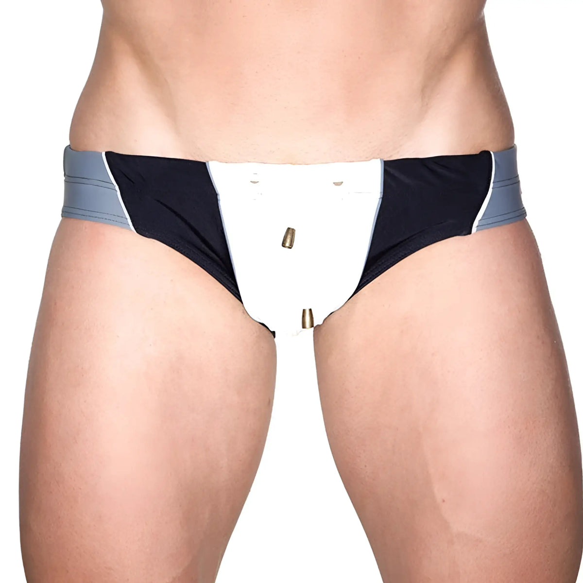 Marcuse ma bondi black and white swim trunks with gray side panels featuring a bullet-shaped zipper pull