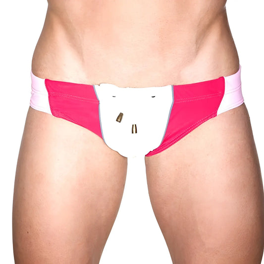 Marcuse MA Bondi pink and white athletic briefs with a white bear face design on the front for active wear