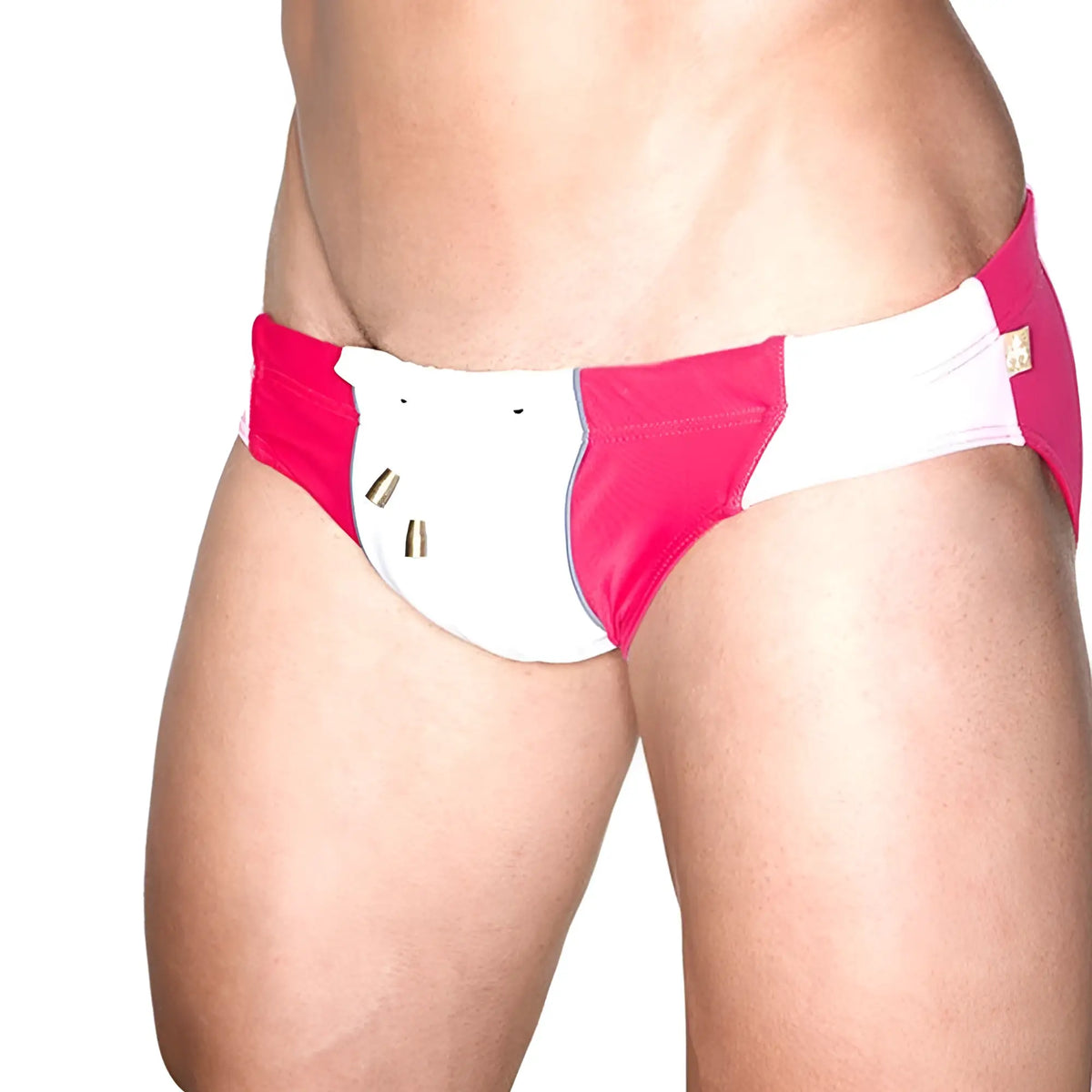Marcuse MA Bondi vibrant pink and white swim trunks with bold modern design and metallic gold accents